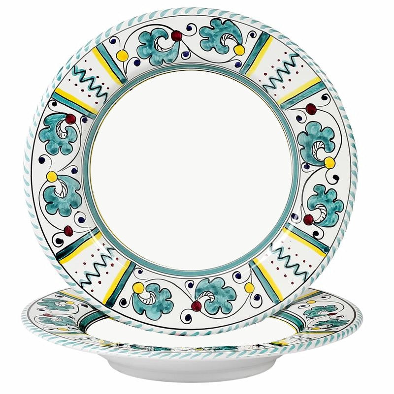 ORVIETO GREEN ROOSTER: Pasta/Soup Rim Plate White Center