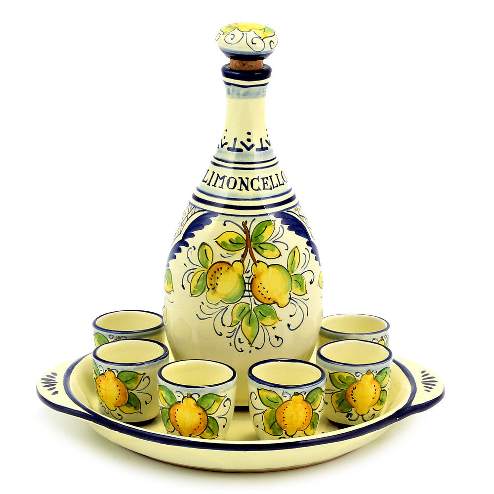 LIMONCELLO: Limoncello Set with Blue trimmings - Bottle with stopper and Tray and 6 Shot Glasses -  (Limoncello liquor not included)