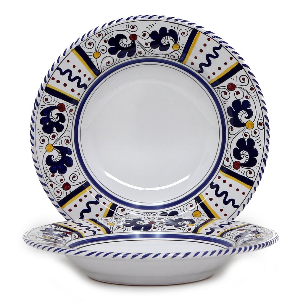 ORVIETO BLUE ROOSTER: Pasta/Soup Rimmed Bowl Plate - White Center