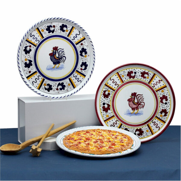 ORVIETO GREEN ROOSTER: Deruta Pizza Plate - Cake or Cheese Platter. - Artistica.com