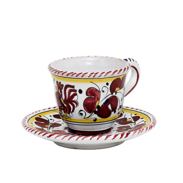 ORVIETO RED ROOSTER: Espresso cup and Saucer [STRIPED RIM] - Artistica.com